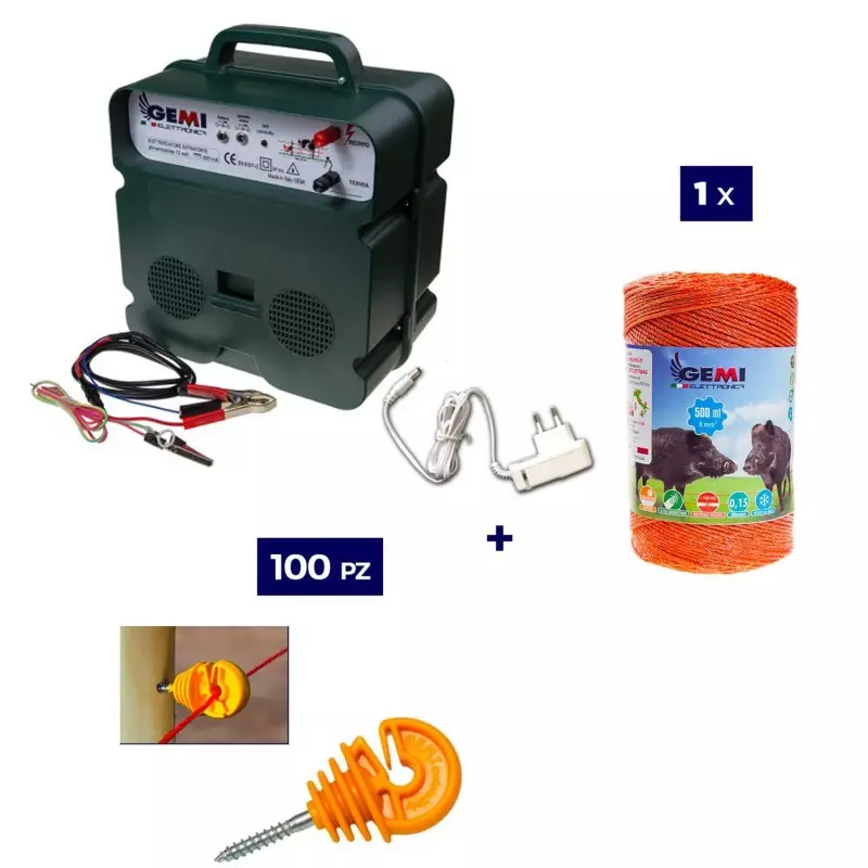 Recinto Elettrico Kit Completo per cinghiali: Elettrificatore 12/220 V, Filo Da 500 Mt 6 Mm² E 100 Isolatori Per Pali In Legno -