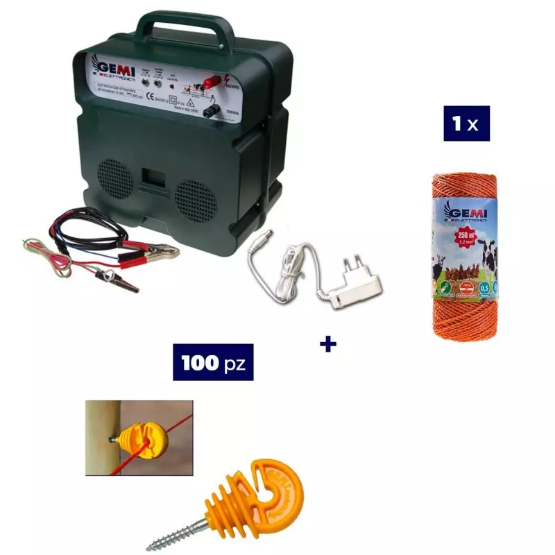 Recinto Elettrico Kit Completo Per animali: Elettrificatore 12/220 V, Filo Da 250 Mt 2.2 Mm² E 100 Isolatori Per Pali In Legno -